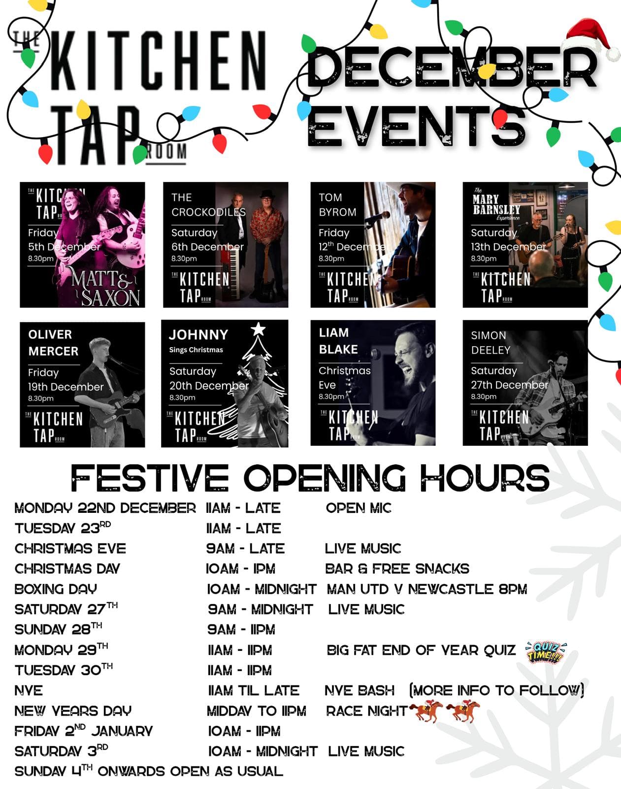 The Kitchen Tap December Events - Festive Opening Hours and Live Music